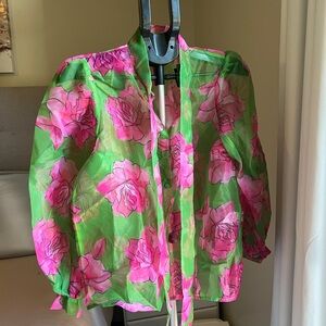Floral Sheer Blouse with Pink and Green Design